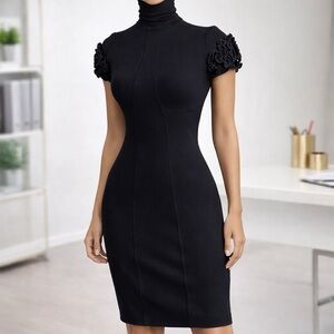 Elegant Black Sculpted Bodycon Dress with Ruffle Sleeves | Size 2